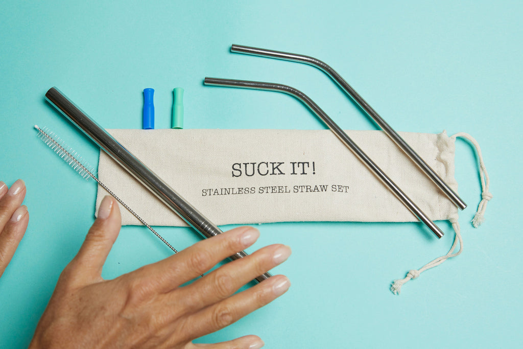 Suck It! Stainless Steel Straw Set. Two curved straws, one large straight straw, two silicone mouthpieces and a cleaning brush